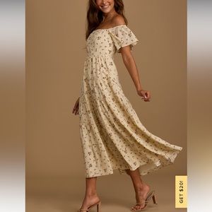 Lulu’s Sweet Daydreamer Yellow Floral Print Off-the-Shoulder Maxi Dress